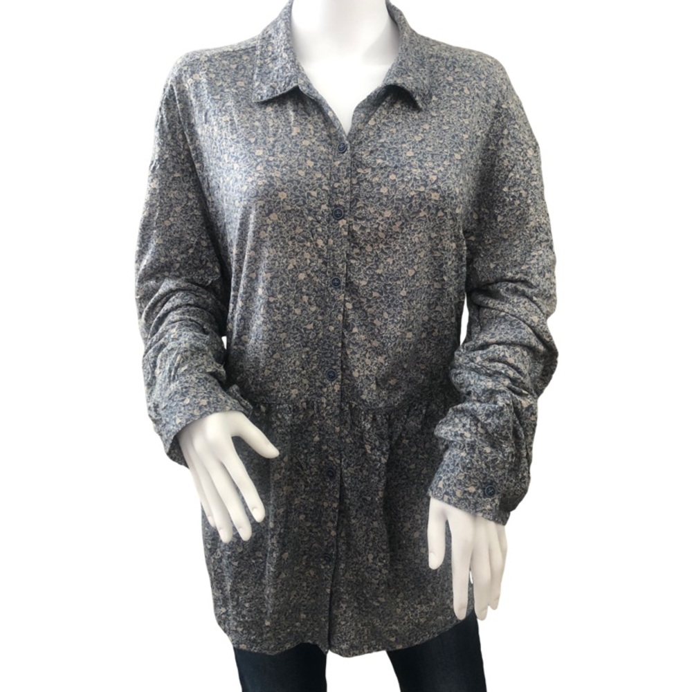 FRYE AND CO Monica Blouse Large Blue Floral Peasant Flowy Relaxed Boho Button‎